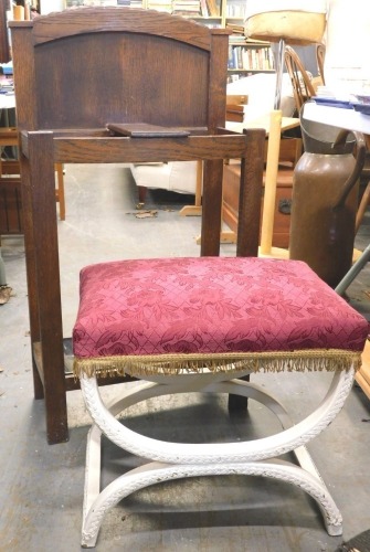 An oak hall stand, with two drip trays and a stool with padded seat on egg shaped supports, in Lloyd Loom style.