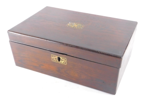 A 19thC rosewood writing box, of rectangular form with plain interior, 16cm high, 38cm wide, 24cm deep.