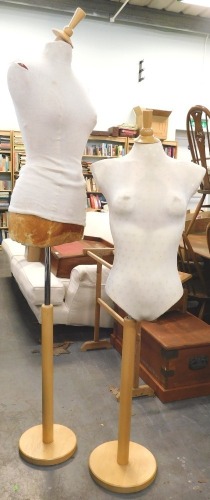 Two dress maker's dummies, each on an adjustable beech stand.