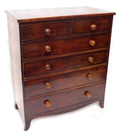 A Victorian mahogany chest of drawers, with plain top above two short and four long drawers, each with turned wood handles on splayed feet, cut, 121cm high, 105cm wide.