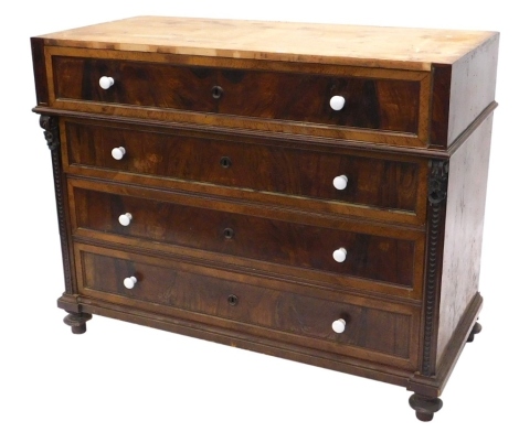 A 19thC continental walnut secretaire chest, with a fitted frieze drawer inlaid with a chequered design and stringing coloured in stained timbers, above three further drawers each with ceramic handles on bun feet, lacking marble top, 102cm high, 127cm wid