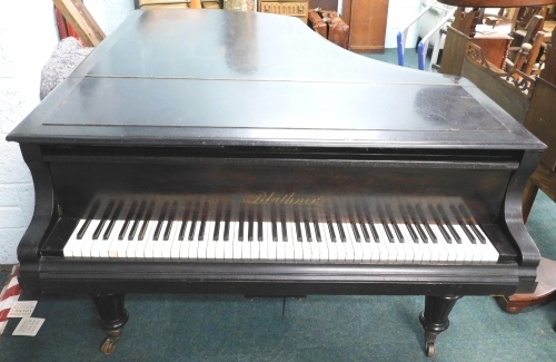 A late 19thC Bluthner ebonised grand piano, on turned, octagonal, tapering legs and brass casters, number 23051, circa 1883, (AF), 97cm high, 140cm wide, 187cm long.