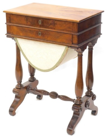 A 19thC continental walnut work table, the rectangular top above two frieze drawers and a wool container, on baluster turned end supports with shaped legs, 57cm wide.