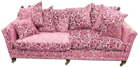 A large Duresta Knowle type sofa, upholstered in deep pink and silver Damask type material, on square tapering legs with castors, 227cm wide, 107cm deep.