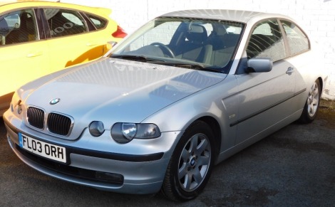 A 2003 BMW 316 Coupe, registration FL03 ORH, three door hatchback, petrol, first registered 27th March 2003, 1796cc, silver, V5 present, MOT expired 10th March 2022, last known mileage 97,957 March 2021, with two keys.