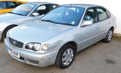 A 2001 Toyota Corolla GS Hatchback, registration FY51 KHP, petrol, five door hatchback, 1398cc, first registered 21st September 2001, silver, V5 present, one key, last known mileage 36,846 at MOT 25th August 2021.