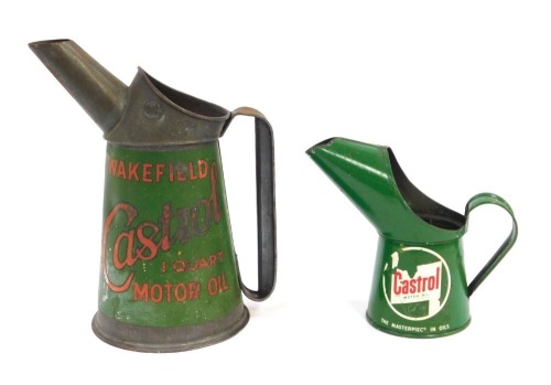 Two Castrol Motor oil cans, comprising a Wakefield one quart can, 19cm high, the other a smaller example, 12cm high.