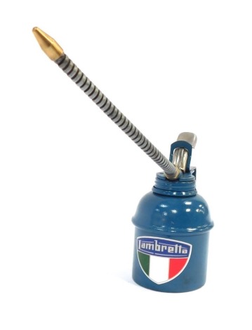 A Lambretta oil can, blue, marked to the base Brevettato, +-g.200, Made in Italy, 11cm high.