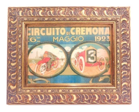 A motor racing print, entitled 'Circuito di Cremona Maggio 1923', 18cm x 25cm, gilt frame, glazed.
