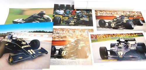 A group of John Player's F1 posters dating from the 70's and 80's, comprising JPS Norton 1989, a Number 11 John Player Special, Team Lotus posters, Las Vegas Grand Prix, Look for the Black & Gold, Team Lotus 15th June French Grand Prix poster and an Emers