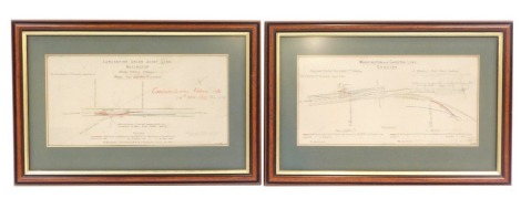 Two railway related planning prints, entitled 'Warrington & Garston Line Garston' and 'The Lancashire Union Joint Line Adlington', each with later annotations of change, published 12.1916, 16cm x 30cm, framed.