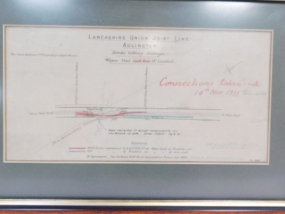 Two railway related planning prints, entitled 'Warrington & Garston Line Garston' and 'The Lancashire Union Joint Line Adlington', each with later annotations of change, published 12.1916, 16cm x 30cm, framed. - 2