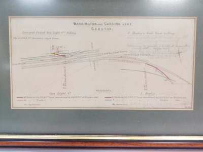 Two railway related planning prints, entitled 'Warrington & Garston Line Garston' and 'The Lancashire Union Joint Line Adlington', each with later annotations of change, published 12.1916, 16cm x 30cm, framed. - 3