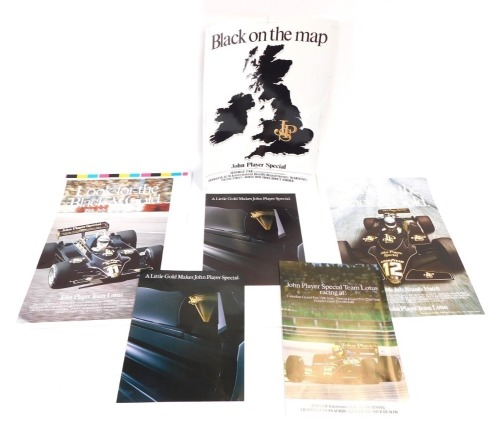 A group of John Player's F1 posters dating form the 70's and 80's, to include Look Back for Gold, July, John Player's Special Team Lotus, Racing at the Canadian Grand Prix 15th June, A Little Gold makes John Player's Special, and an uncirculated print edi