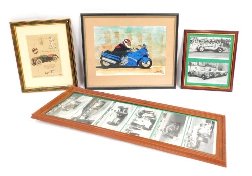 A group of motor racing and MG prints and photographs, comprising the MG Maintaining The Breed Car Company poster, 24cm x 17cm, framed, two sets of framed BRM ERA and other black and white racing car postcards, and a Jane Rolt watercolour of a blue motorb