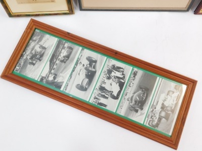 A group of motor racing and MG prints and photographs, comprising the MG Maintaining The Breed Car Company poster, 24cm x 17cm, framed, two sets of framed BRM ERA and other black and white racing car postcards, and a Jane Rolt watercolour of a blue motorb - 2