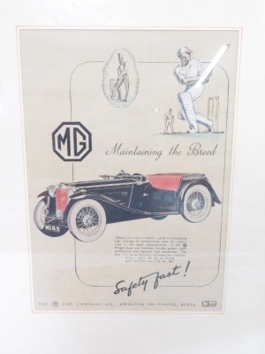 A group of motor racing and MG prints and photographs, comprising the MG Maintaining The Breed Car Company poster, 24cm x 17cm, framed, two sets of framed BRM ERA and other black and white racing car postcards, and a Jane Rolt watercolour of a blue motorb - 3