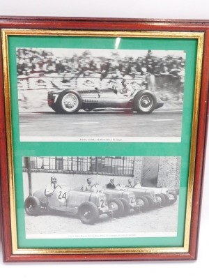 A group of motor racing and MG prints and photographs, comprising the MG Maintaining The Breed Car Company poster, 24cm x 17cm, framed, two sets of framed BRM ERA and other black and white racing car postcards, and a Jane Rolt watercolour of a blue motorb - 5