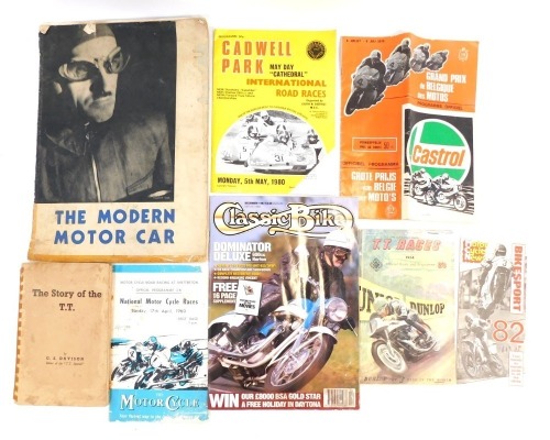 A group of motor bike and TT related ephemera, comprising G S Davison The Story of TT, National Motorcycle Races first race programme Sunday 17th April 1960, Motorcycle News, Bike Sport month guide, TT Races 1944 official guide and programme, Cadwell Park