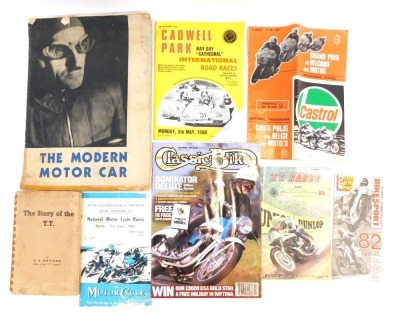 A group of motor bike and TT related ephemera, comprising G S Davison The Story of TT, National Motorcycle Races first race programme Sunday 17th April 1960, Motorcycle News, Bike Sport month guide, TT Races 1944 official guide and programme, Cadwell Park