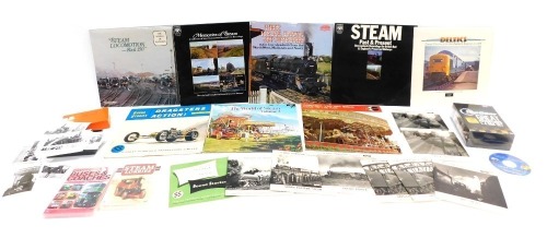 A group of vinyl records relating to steam trams and motor racing, comprising Steam Locomotion Past and Present, Tram Sounds, Sound Series for V16 BRM Grand Prix Cars, Top Gear Greatest Adventures DVD, DVD of Tailgate 1997 to 2007, and a group of thirty