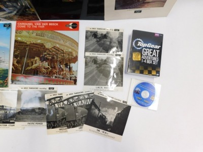 A group of vinyl records relating to steam trams and motor racing, comprising Steam Locomotion Past and Present, Tram Sounds, Sound Series for V16 BRM Grand Prix Cars, Top Gear Greatest Adventures DVD, DVD of Tailgate 1997 to 2007, and a group of thirty - 4