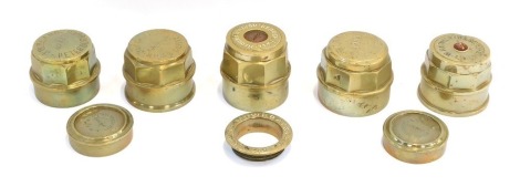 A group of brass wheel nuts, comprising George Ball, North Kilworth, Kirstall Forge Company, Leeds, W Rainforth & Sons, Lincoln, J W Bland maker Peterborough, J & P Charles (?) Builders, Kings Cliffe, two John Ward Leicester Square London carriage wheel h