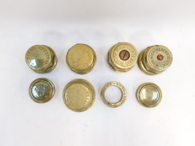 A group of brass wheel nuts, comprising George Ball, North Kilworth, Kirstall Forge Company, Leeds, W Rainforth & Sons, Lincoln, J W Bland maker Peterborough, J & P Charles (?) Builders, Kings Cliffe, two John Ward Leicester Square London carriage wheel h - 2