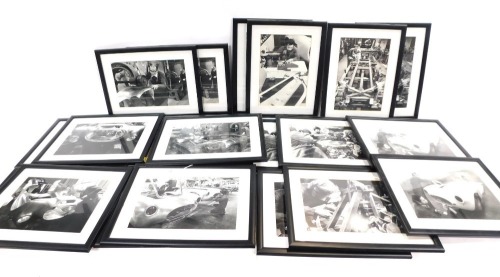 A group of automobilia prints, comprising framed black and white prints of car production, spraying and making, each framed and glazed, 46cm x 34cm. (AF) (2 boxes)