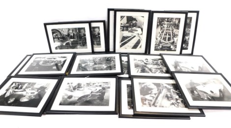 A group of automobilia prints, comprising framed black and white prints of car production, spraying and making, each framed and glazed, 46cm x 34cm. (AF) (2 boxes)