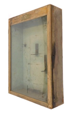 A Desmo wooden wall mounted tool cabinet, perspex fronted, fitted interior, 92cm high, 61cm wide, 19.5cm deep.