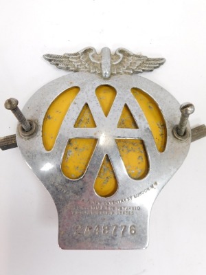 Car badges and lapel pin, comprising an AA car badge, no 2A48776, and Lincolnshire car badge, together with a BRM lapel pin, dated 1999. (AF) (3) - 2