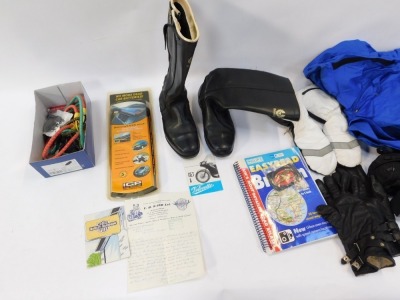 A group of motorcycle racing gear, comprising a Bellstaff blue stripe over jacket, a pair of Bellstaff leather motorcycle boots, with cream trim, a Britains road map, two pairs of leather riding gloves, a battery safer solar power trickle charger, various - 2