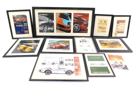 A group of Ford GT and other framed posters and prints, Ford GT with the 2006 brochure guides, three in a fitted frame, 36cm x 76cm, together with Ford GT 2005, AC Owner's Club News Bulletin for 1964, Land Rover metal print, AC Introduce 427 Chassis, The 