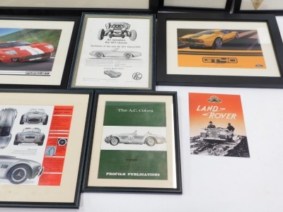 A group of Ford GT and other framed posters and prints, Ford GT with the 2006 brochure guides, three in a fitted frame, 36cm x 76cm, together with Ford GT 2005, AC Owner's Club News Bulletin for 1964, Land Rover metal print, AC Introduce 427 Chassis, The - 2