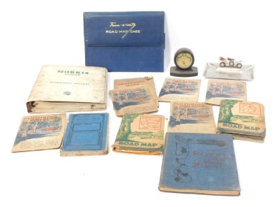 A group of motoring related ephemera, motoring and cycling road maps, motoring and touring maps, a road map case, The Morris Minor Workshop Manual, an ashtray with car motif, a Rottotherm Thermometer, etc. (a quantity)