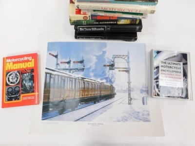 A group of automobilia and motorcycle books, comprising On Two Wheels, vol 1 - 3, John Day The Motor Car, Ralph Stein The Automobile Book, Classic Motorcycles, and After Malcolm Room, Signalling Winter, unframed print. (a quantity) - 2