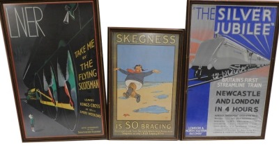 A group of LNER railway posters, comprising Skegness is So Embracing, 61cm x 36cm, framed and glazed, an LNER Take me By The Flying Scotsman poster, 75cm x 46cm, framed and glazed, and a The Silver Jubilee LNER poster, 75cm x 46cm, framed and glazed. (3)