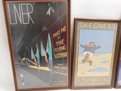 A group of LNER railway posters, comprising Skegness is So Embracing, 61cm x 36cm, framed and glazed, an LNER Take me By The Flying Scotsman poster, 75cm x 46cm, framed and glazed, and a The Silver Jubilee LNER poster, 75cm x 46cm, framed and glazed. (3) - 2