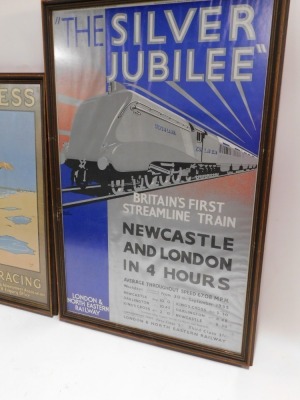 A group of LNER railway posters, comprising Skegness is So Embracing, 61cm x 36cm, framed and glazed, an LNER Take me By The Flying Scotsman poster, 75cm x 46cm, framed and glazed, and a The Silver Jubilee LNER poster, 75cm x 46cm, framed and glazed. (3) - 3