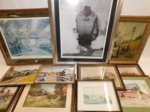 A group of steam and railway related prints and photographic prints, including after Don Breckon Morning Delivery, After Warwick Richardson, Easton Local in the Snow & King & Castle Passing near Paplow, an artist signed photographic print of Philip Crome,