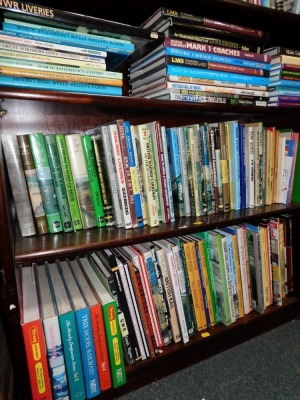 A group of railway and steam related hardback and paperback books, London Midland Steam, Railway Sheds, Steam Collection, The LMS at War, LNWR Liveries, etc. (3 shelves)