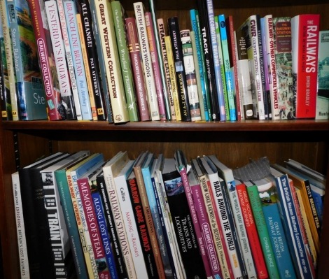 A group of railway hardback books, The Great Western Collection, Yesterday's Railways, Branch Line Britain, Railway Stations, Railways Around The World, Railway Collection GWR, Railway Owned Commercial Vehicles, etc. (2 shelves)