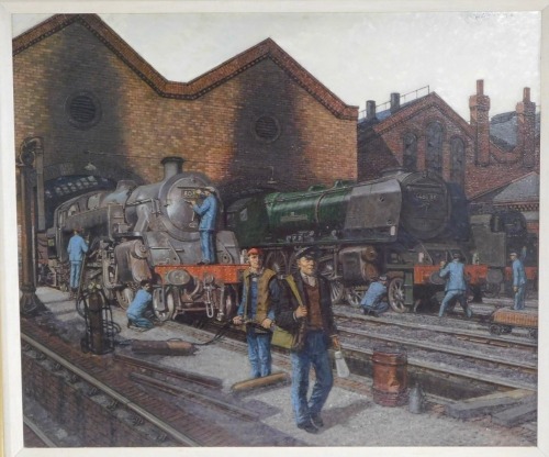 Frank W Johnson (1917-1998). City of Birmingham locomotive, green livery, engine yard, oil on board, signed and dated 1982, 49cm x 60cm, framed and glazed.