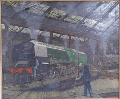 Frank W Johnson (1917-1998). City of Coventry locomotive in engine shed, 4640, signed, oil on board, 49cm x 59cm, framed.