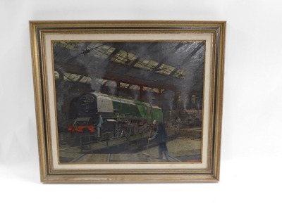 Frank W Johnson (1917-1998). City of Coventry locomotive in engine shed, 4640, signed, oil on board, 49cm x 59cm, framed. - 2