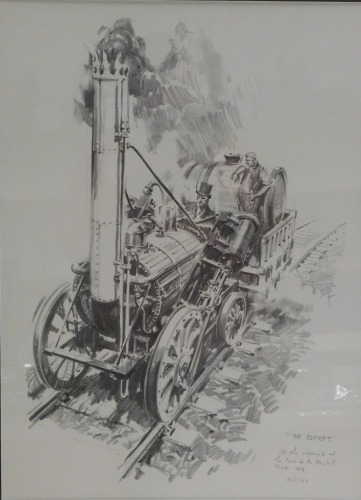 The Rocket. Print inscribed 'As She Appeared At The Time of The Rainhill Trials 1829', 31/48, 60cm x 45cm, framed and glazed.