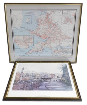 After Sean Bolan. Box Station Wiltshire 1950, print, signed, 40cm x 50cm, and a Great Western Railway South Wales map, 53cm x 65cm, framed and glazed. (2)