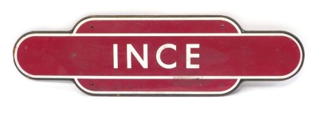 An Ince red enamel railway station sign, 92cm wide.