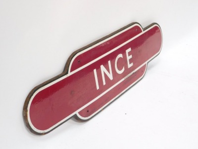 An Ince red enamel railway station sign, 92cm wide. - 2